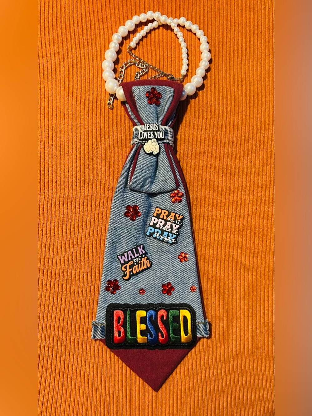 Denim 'BLESSED' Patch Tie Necklace with Faith Pins